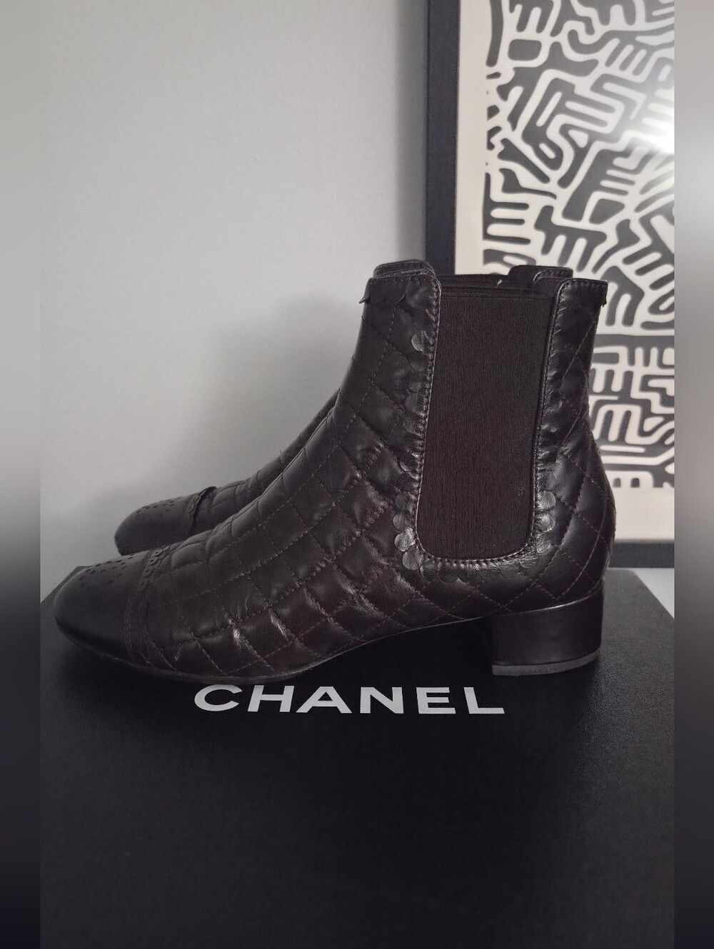 CHANEL Brown Quilted Calfskin Leather Chelsea Ankle Boots